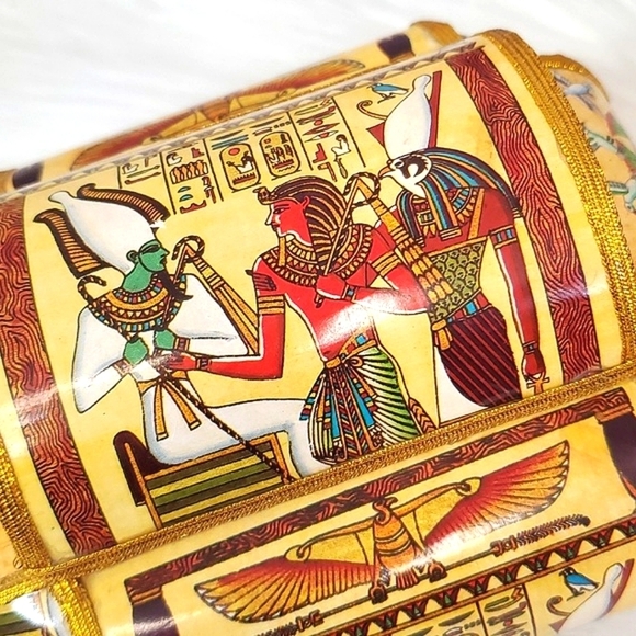 Vintage 90s Egyptian Pharaoh Cleopatra Hieroglyphics Paper Material Trinket Box - Picture 5 of 17